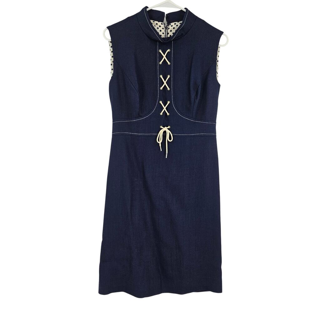 Vintage 70s Shift Dress Navy Blue Sleeveless Lace Up Tie Front Mod Mini Size S